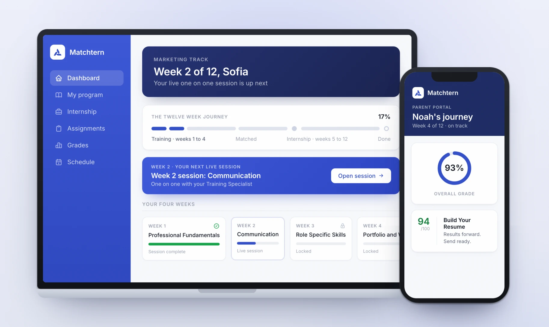The Matchtern student portal dashboard