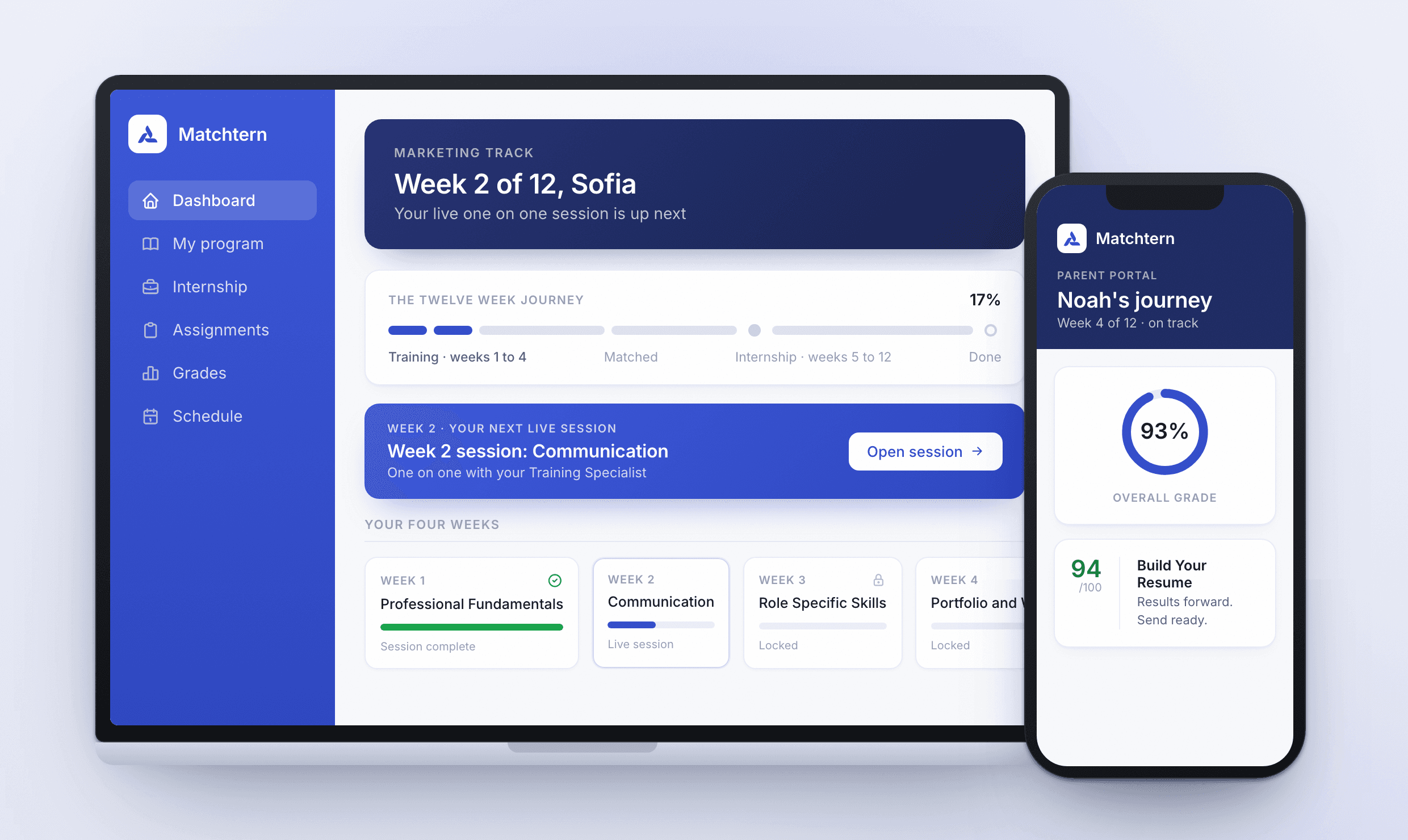 The Matchtern portal on laptop and phone