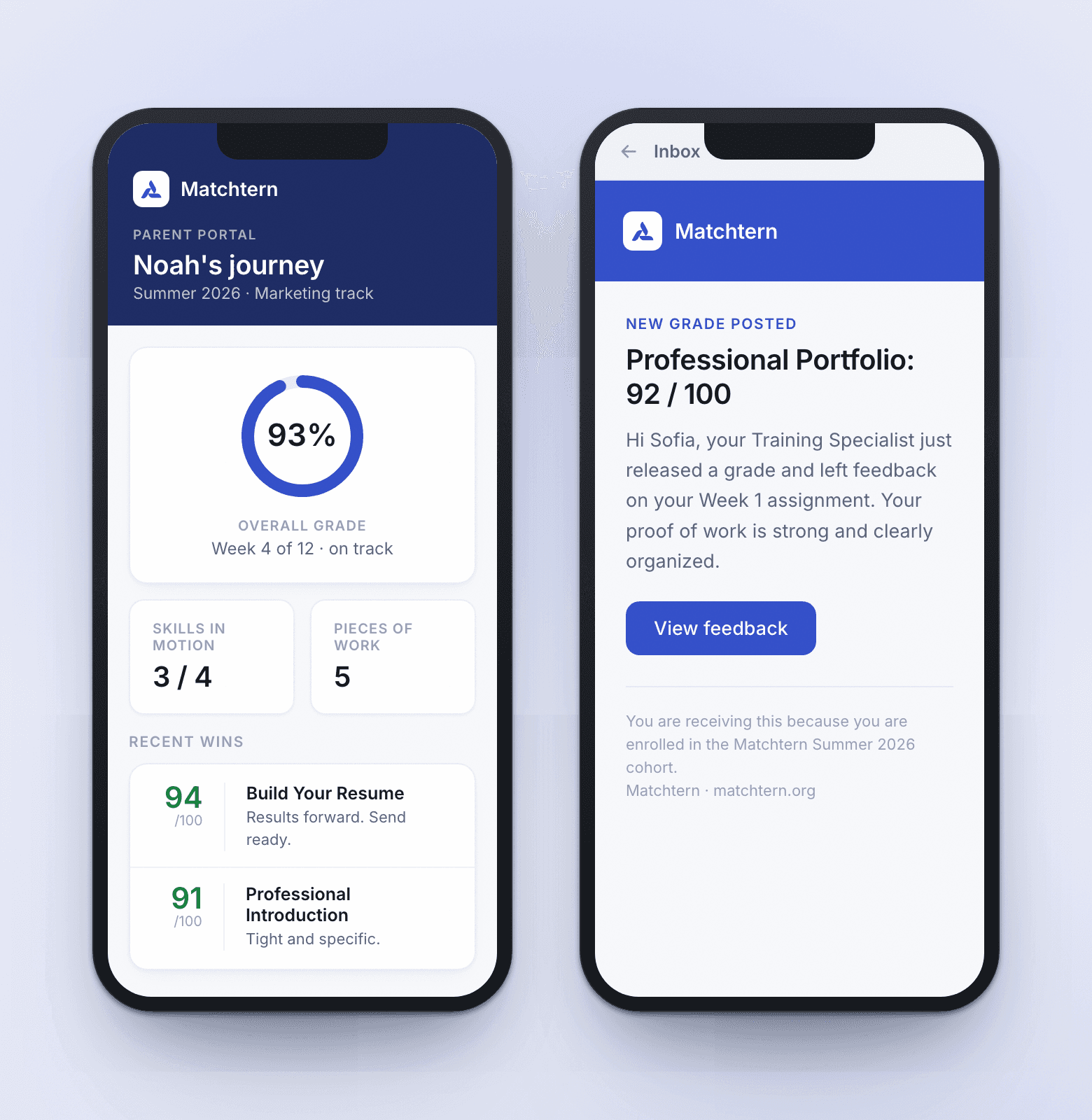 The Matchtern parent portal on two phones